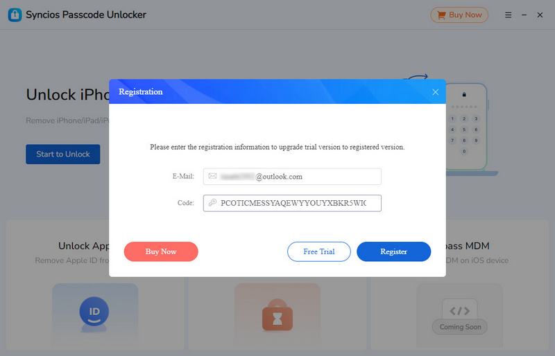 Registro exitoso de Syncios Passcode Unlocker