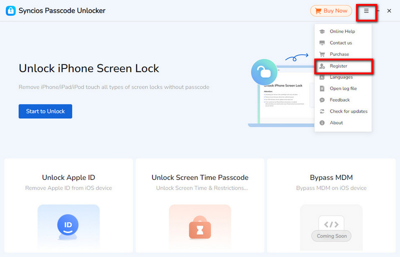 Syncios Passcode Unlocker Menú