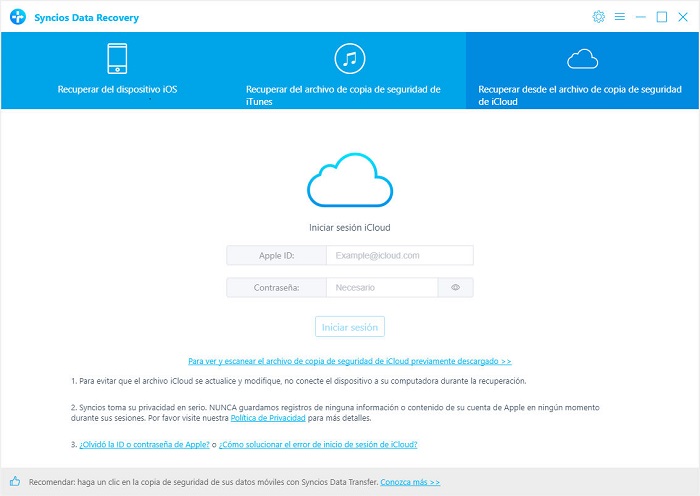 sign in to recover from iCloud backup file